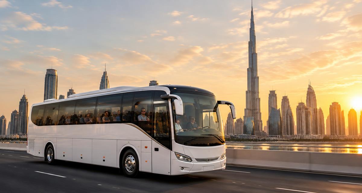 White tour coach driving past the Burj Khalifa and Downtown Dubai skyline at sunset